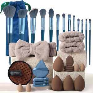 33 Pieces Blue Makeup Brushes Set Premium Synthetic Makeup Tools
